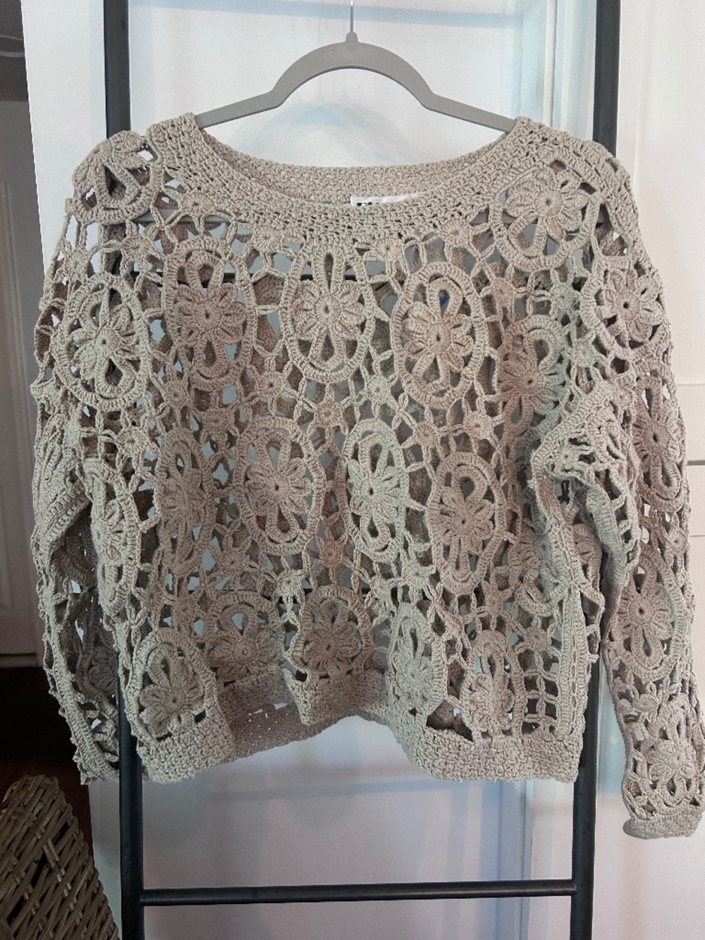 Richard and Company Beige Crochet Knit Boho Sweater